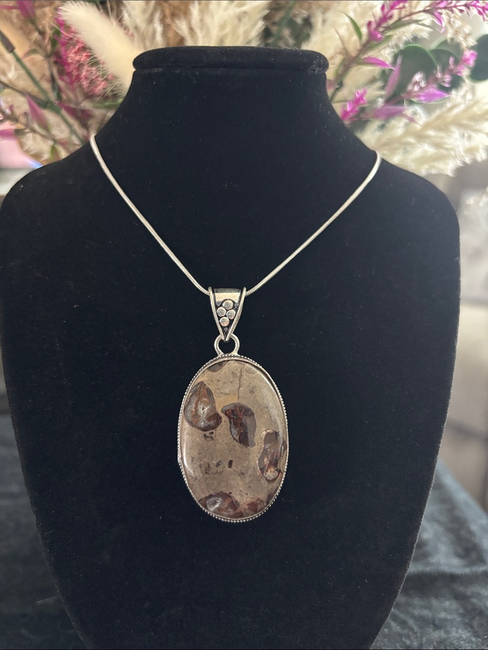 Sterling Silver Oval Coffee Bean Jasper Gemstone Necklace